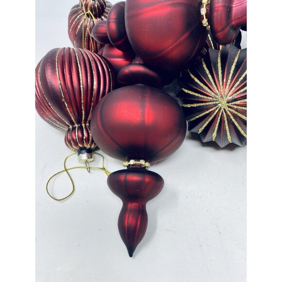 Lot Of 13 Burgundy Red & Gold Glitter Finial And Round Christmas Tree Ornaments - Picture 4 of 16